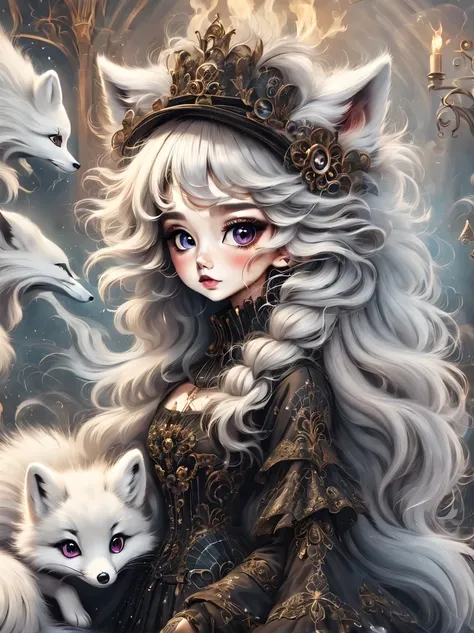 （best quality，masterpiece：1.2，detailed details），(arctic fox:1.2)，（可爱的小arctic fox,big eyes， fluffy hair），（dark Gothic，steampunk gothic victorian style）, dark, engulfed in smoke
