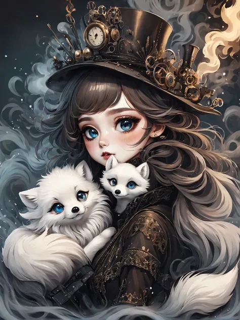 （best quality，masterpiece：1.2，detailed details），（1 cute arctic fox,big eyes， fluffy hair），（dark Gothic，steampunk gothic victorian style）, dark, engulfed in smoke
