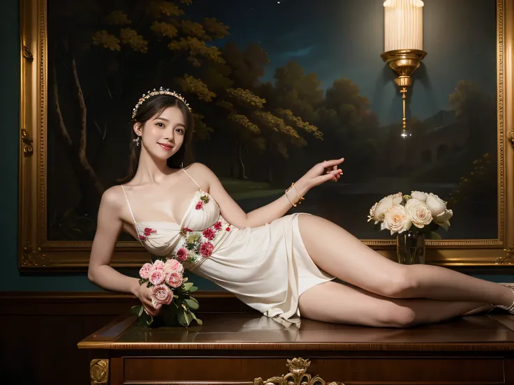 Jacques-Louis David painting style,Arguments of two female Philosophe,math、astronomical machine、astronaut、roses in vase、fruits、Cute trinkets、smile、ancient greek costume、Background is a forest lake at night 、Clothes that stretch your shoulders、A big smile、b...