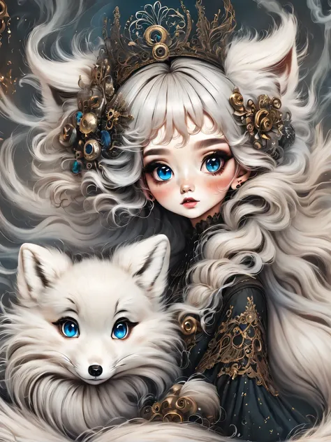 （best quality，masterpiece：1.2，detailed details），(arctic fox:1.2)，（可爱的小arctic fox,big eyes， fluffy hair），（dark Gothic，steampunk gothic victorian style）, dark, engulfed in smoke
