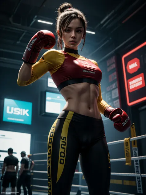 a boxer, red yellow gloves, cyberpunk sport, high detail texture,8k, standing inside of a ring, dynamic pose, good lighting,ultra realistic