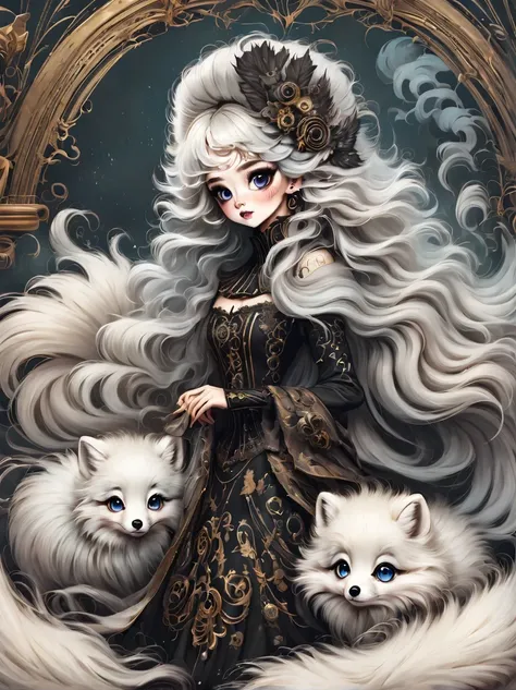 （best quality，masterpiece：1.2，detailed details），arctic fox，（可爱的小arctic fox,big eyes， fluffy hair），（dark Gothic，steampunk gothic victorian style）, dark, engulfed in smoke
