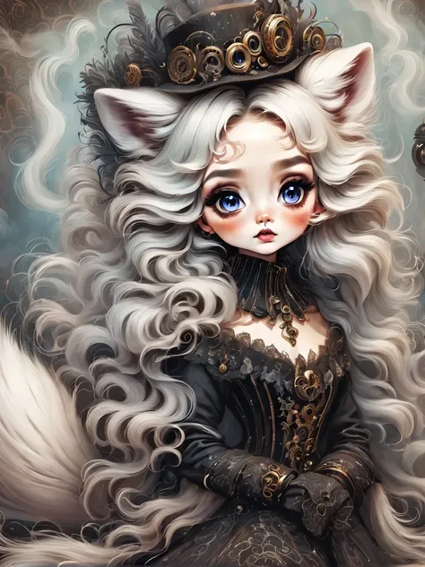 （best quality，masterpiece：1.2，detailed details），（1 cute little arctic fox,big eyes， fluffy hair），（dark Gothic，steampunk gothic victorian style）, dark, engulfed in smoke
