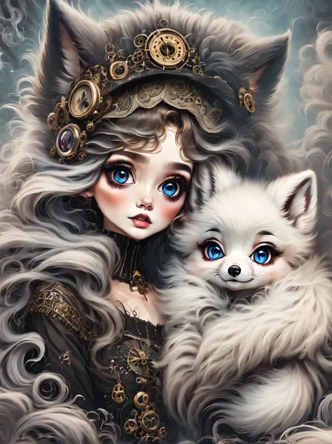 （best quality，masterpiece：1.2，detailed details），（1 cute little arctic fox,big eyes， fluffy hair），（dark Gothic，steampunk gothic victorian style）, dark, engulfed in smoke
