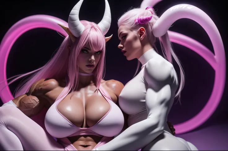 (pink and purple demoness:1.5),(beautiful female model:1.5), (demoness with Large horns:1.25),(1 super muscular succubus with flayed skin:1.5), (covered in thick white muscle suit:1.5), (exposed perfect anatomy:1.5), high detail, best quality, masterpiece,...