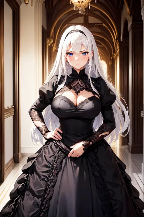 (High quality, High resolution, Fine details), corridor of a castle, Lace black dress with fine design, solo, curvy women, white hair, sparkling eyes, (Detailed eyes:1.2), Standing, Hands on hips, angry, blush, Sweat, Oily skin, shallow depth of field
