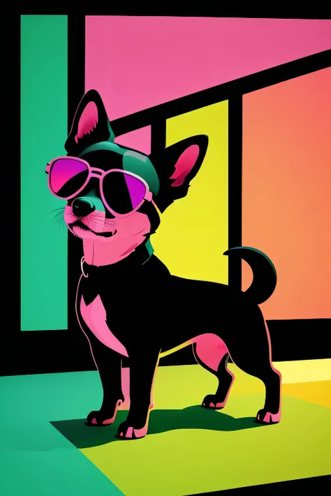 distance from view, vector for t-shirt design, little dog canine with shapes pink sunglasses standing on the green and yellow panels behind, in the style of ethereal light effects, minimalistic portraits, dark black and pink, intense gaze, colorful install...