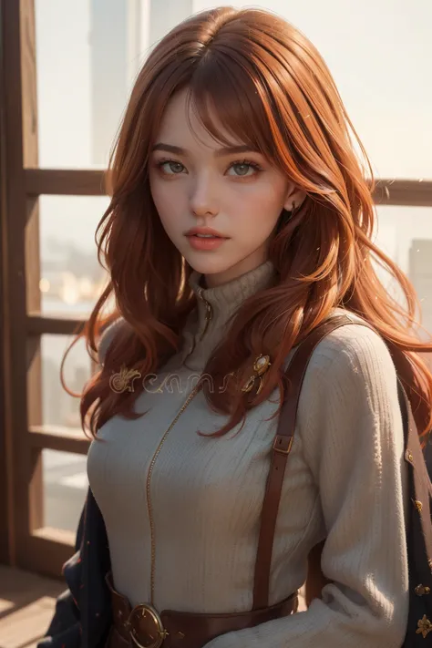 (Young woman:1.5), (Girl with orange hair, sorcerers, fire prince, brown red hair), Upper body, cinematic lighting, detailed symmetrical realistic face, Brown hair, main part, disparate, Nikon D850 Stock Photography, Kodak Portra 400 F1.6 Camera lens, extr...