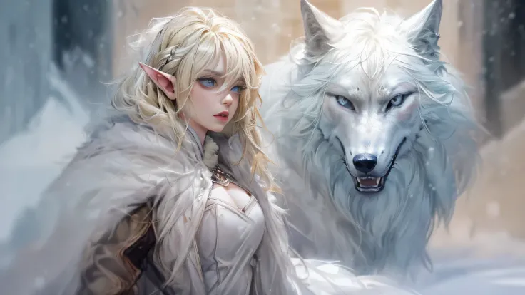 ((enlargement)), ((masterpiece, best quality)), (fractal art:1.3), viking elf girl, big 가슴, fancy, Standing with ancient A wolf, concept yoji shinkawa, concept art, painting, Frank Prazzetta(Frank Prazzetta)(Frank Prazzetta(Frank Prazzetta)), break, (elf:1...