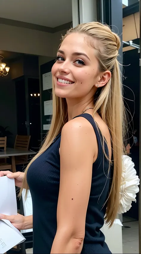 mulher arafa em um vestido preto em frente a um restaurante, linda e sorridente, Retrato de Sophie Mudd, uma loira linda, com longos cabelos loiros, longos cabelos loiros e olhos grandes,  de 19 anos, Her hair is long and straight, She is smiling, com cabe...