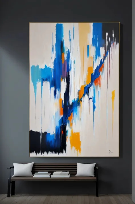 paintings on room wall，There is a bench and a painting, Abstract oil on canvas, Abstract艺术品, 这幅画是一张large painting布, pop art, designer art, oil paint strokes, canvas art, Abstract油画, Superb oil on canvas, large painting, Abstract极简主义, Abstract, Original mod...