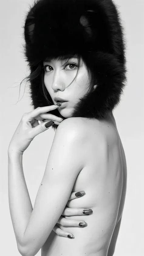 wearing fur hat、Arafad woman with chest tattoo, Inspired by Tadanori Yokoo, paru itagaki, Song Hye Kyo, Inspired by Zheng Zhongshan, Hehui, Kiko Mizuhara, Inspired by Miwa Komatsu, Inspired by Yuko Tatsushima, Masami Suda, Jiama Chan, fur covers her breast...