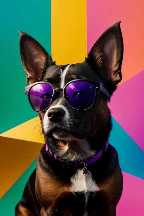 distance from view, vector for t-shirt design, little dog canine with shapes pink sunglasses standing on the green and yellow panels behind, in the style of ethereal light effects, minimalistic portraits, dark black and pink, intense gaze, colorful install...