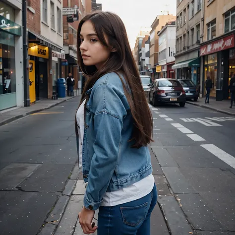 Beautiful girl long hair , wearing jaket jeans,