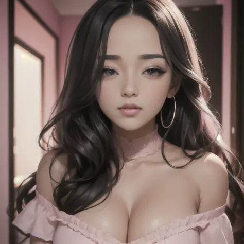 Sexy woman, long black wavy hair, big forehead, beautiful seductive eyes, medium nose, big kissable lips, deep pink blush, blushing deeply, fair glowing skin, pink oversized off shoulder t shirt, bare shoulders, medium chest, cleavage