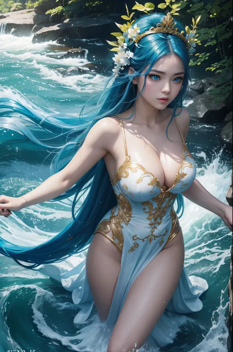 8K,水godの女god,Super beautiful(like the real thing),blue makeup,blue rouge,light blue eyes,clear white skin,Luxurious blue and white water big breast long dress,sexy,golden decoration,golden hair ornament,masterpiece,Photorealistic RAW photos of the highest ...