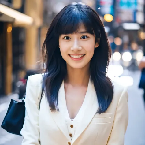 Highest image quality　Natural light　Japanese　woman　30 years old　shoulder-length hair　pretty eyes　black pants suit　Are standing　white inner　big chest　smile　daytime　cityscape