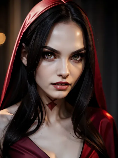 a young vampire girl with large fang's in mouth, dark makeup, pale face, vampire outfit fully covered, vampire robe and gorgeous...