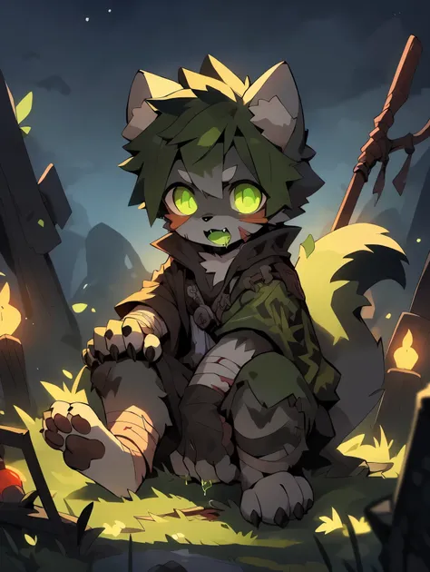 masterpiece, highest quality, soft lighting, intricate details, soft lines, 16k,night,shadow,dark environment, Own, doll,wolf boy,Shota,hero,Both,hero Bothe,undead,broken body,skeleton,Huge wounds,sharp fangs,Black and fluorescent green tones,paw pads,woun...