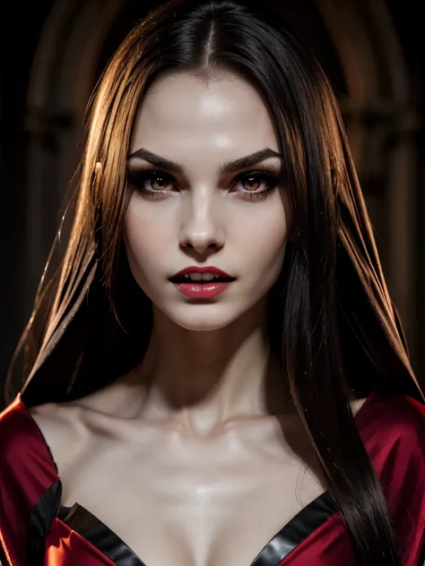 a young vampire girl with large fang's in mouth, dark makeup, pale face, vampire outfit fully covered, vampire robe and gorgeous...