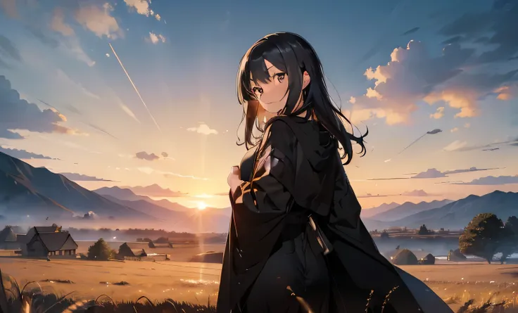 middle Ages, black-haired girl, Beautiful face, Brown hair, in a black robe with gold patterns, Standing in a wheat field, beautiful sunset in the background, back to camera, Looking Back, Without Emotional Face, full length, mountains in the background, m...