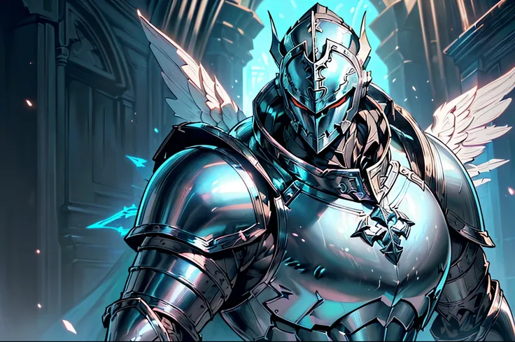 (((An epic and visually stunning digital anime upper body portrait featuring a sylphlike masuline male knight soldier clad in a full steel plated knight armor:1.2))), ((( huge muscular body:1.5, closed angel metal helmet:1.5))), (((the character is adorned...