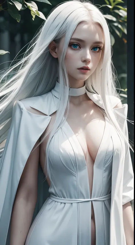  full body shot. a ultra real full body shot photo of 22 years old albino woman, green eyes. Long white hair, mysterious and innocent look, wet hair, blue limbs, Unbuttoned open coat, the background a ultra close up macro details, ultra contrast, of ultra ...