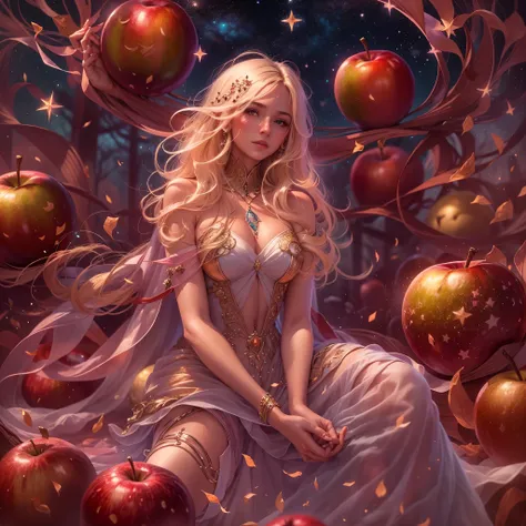 Contemplate this stunning digital work, where a translucent, crystallized red apple reveals a 20-year-old girl draped in luxurious gold jewelry. Her long blonde hair dances in the wind as she wears gold sandals with eight-inch heels, every inch adorned wit...