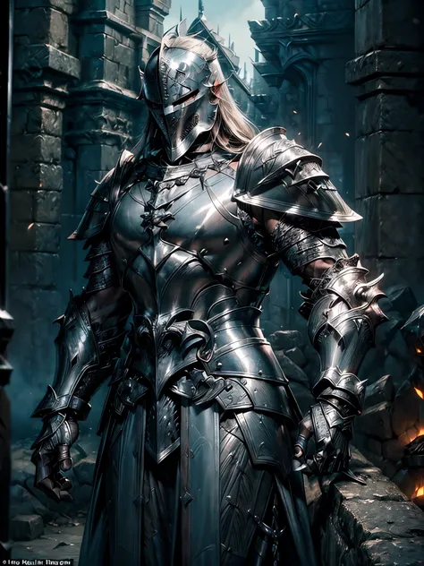 (((An epic and visually stunning digital anime upper body portrait featuring a sylphlike masuline male knight soldier clad in a full steel plated knight armor:1.2))), ((( huge muscular body:1.5, closed angel metal helmet:1.5))), (((the character is adorned...