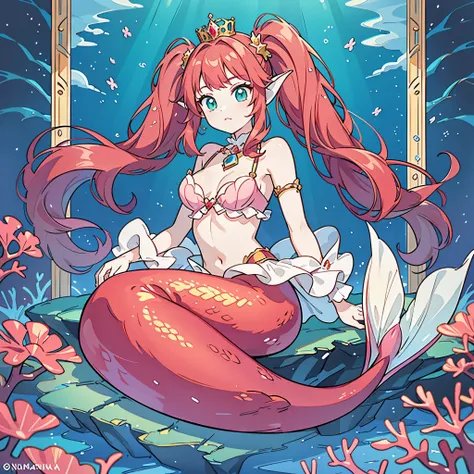 the prompt for the given theme is: "a pretty 15-year-old princess magically transformed into a beautiful mermaid, with a race sw...