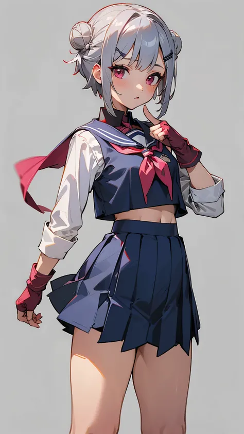 1 girl、Silver short bob hair clip tied into a bun、pink eyes、small breasts、uniform、crop top、red neckerchief、blue skirt、fingerless gloves、thighs、Ilcha、standing position、cowboy shot