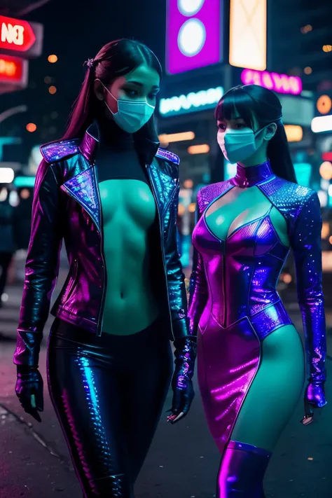 Mermaids with iridescent scales, clad in tasteful attire – a jacket and a mask to conceal their identities – roam the cyberpunk cityscape. The scene is bathed in a light haze, with flickering neon lights illuminating their wide hips and high-scoring curves...