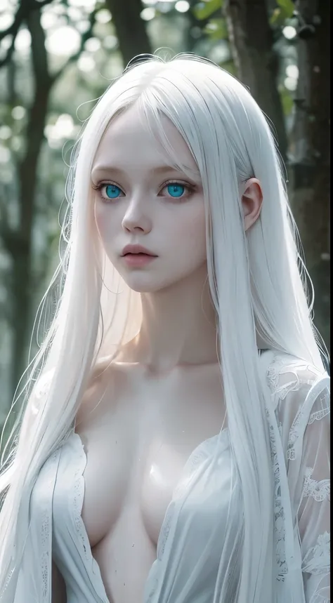  full body shot. a ultra real full body shot photo of 22 years old albino woman, green eyes. Long white hair, mysterious and innocent look, wet hair, blue limbs, Unbuttoned open coat, the background a ultra close up macro details, ultra contrast, of ultra ...