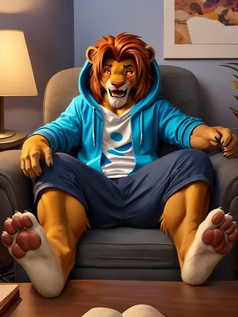 barefoot furry character, full body, furry boy. muscular barefoot hypnotised young simba (simba as kid) in casual teens clothes ...