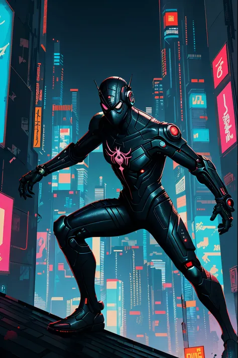 (((cyberpunk))), ((blacksuit)), cyberpunk, red and black suit, neon face mask, deadly samurai stance, ninja suit, cyberpunk spiderman suit, night sky, rooftop, city lights, masterpiece, 8k, hd details, best quality