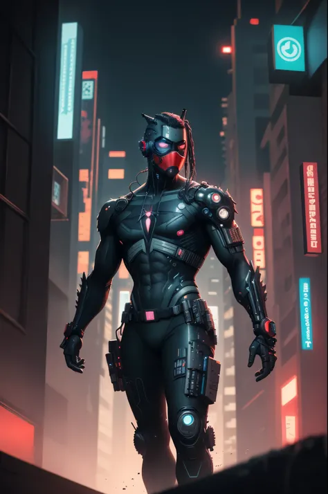 (((cyberpunk))), ((blacksuit)), cyberpunk, red and black suit, neon face mask, deadly samurai stance, ninja suit, cyberpunk spiderman suit, night sky, rooftop, city lights, masterpiece, 8k, hd details, best quality