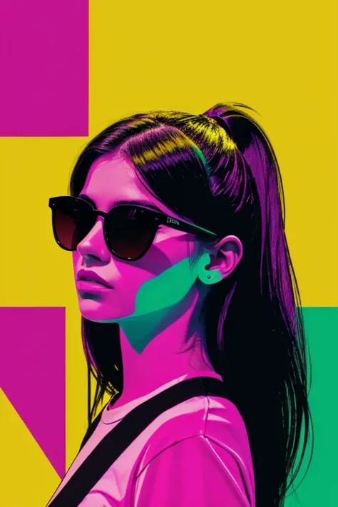 distance from view, vector for t-shirt design, funky girl with sunglasses 
standing on the green and yellow panels behind, in the style of ethereal light 
effects, minimalistic portraits, dark black and pink, intense gaze, colorful 
installations, portrait...