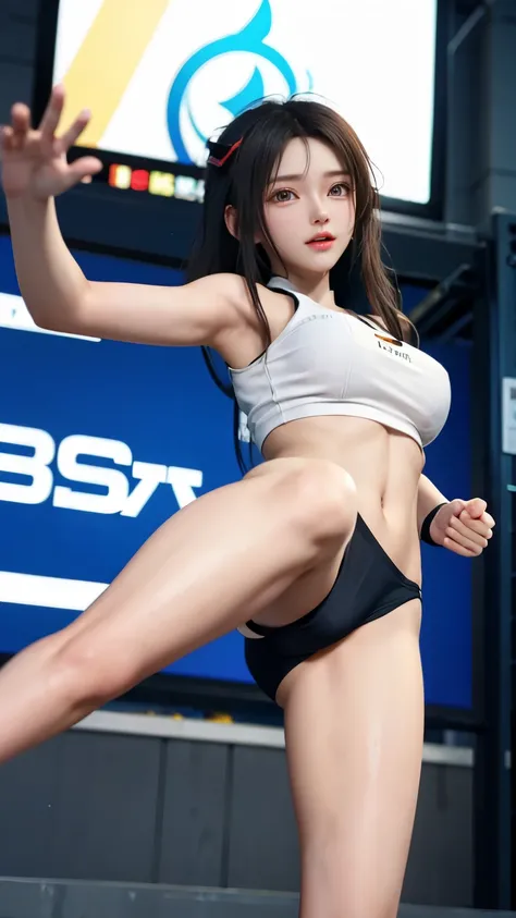 girl in sportswear、Supermodel、perfect shape、、sports girls、beautiful feet、、headphone、Innocent face、Beautiful girl in sportswear、back alley background, voluptuous,high kick towards the screen,High power kicking action,shock wave,Wind