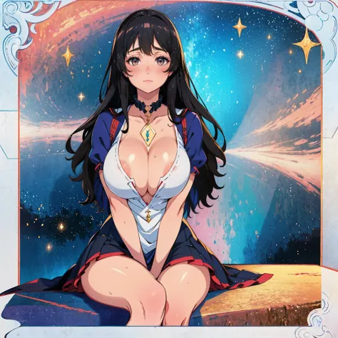 Sitting with Knees Up on bed ,spread legs,Even bangs、princess cut、black hair, bright eyes, naked, 光沢のあるnipple、(masterpiece),(highest quality:1.0), (ultra high resolution:1.0), Detail view, 8K, anime, masterpiece, brown eyes、nipple、attractive woman　provocat...