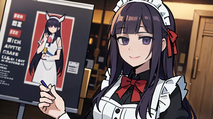 long purple hair，purple eyes，maid outfit，poster，8k resolution