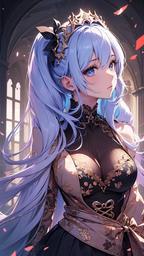 最high quality、best image quality、masterpiece、girl((20-year-old、 By becoming、vest bust、medium bust,wide open breast tea、shining eyes, light blue hair、long hair、thin,highest valley、ponytail、action of looking up、bandage、black dress、long skirt、Rear view、emphas...