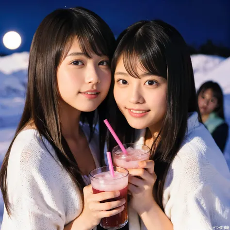 identical twin sisters、highest quality, masterpiece, ultra high resolution, (realistic:1.4), Raw photo, very detailed, perfect anatomy, 

In the middle of a beautiful full moon, 

Many young girls enjoying tent camping in snowy mountains, All members of po...