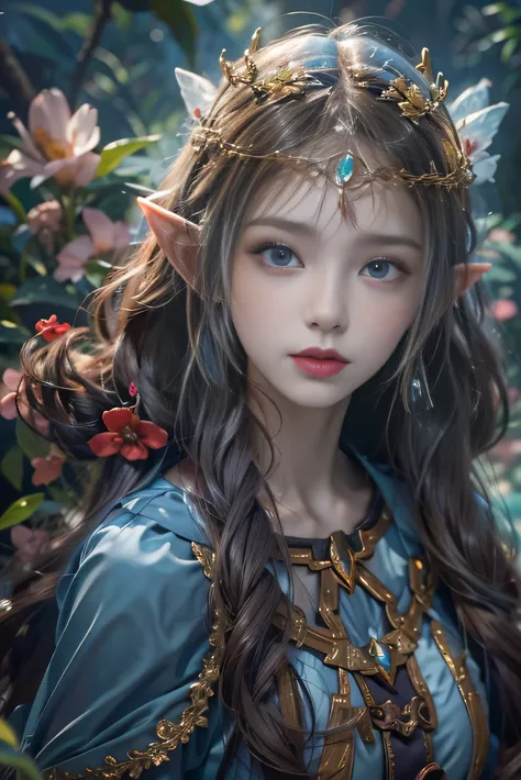 red and purple dream colors、sense of destiny、first-clasaster layout、illumination、Full body Esbian、sunshine、fishing girl、blondefemale、blonde、blue eyes、spring in the jungle、elf、Dressed up in fairy tale costumes、((、thin legs、thin thighs))、Water Fairy、landscap...