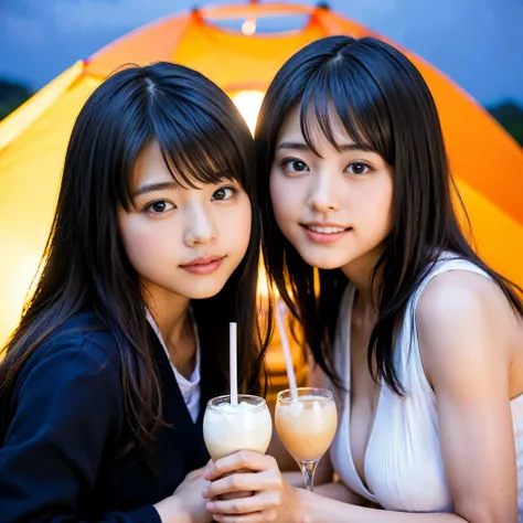 identical twin sisters、highest quality, masterpiece, ultra high resolution, (realistic:1.4), Raw photo, very detailed, perfect anatomy, 

In the middle of a beautiful full moon, 

Many young girls enjoying tent camping in snowy mountains, All members of po...