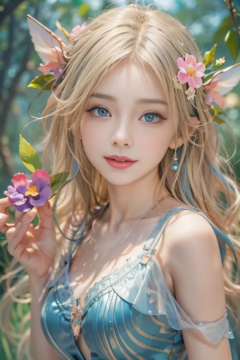 (photorealistic:1.8, highest quality:1.8,8K masterpiece:1.8,High resolution,muste piece:1.8,RAW Photos,cinematic lighting,dreamy yellow and pink),fantasy world,Fairy 15cm tall,(silk transparent mini dress,Transparent Shawl,delicate hair ornament, Elegant e...