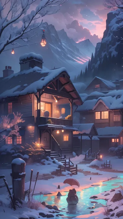 winter，In the deep mountains and old forests，night，rainy night，village，field，rural area，How many houses have lights on?，The chimney rises with smoke，Authentic art style，ultra high definition，8k，masterpiece，realism