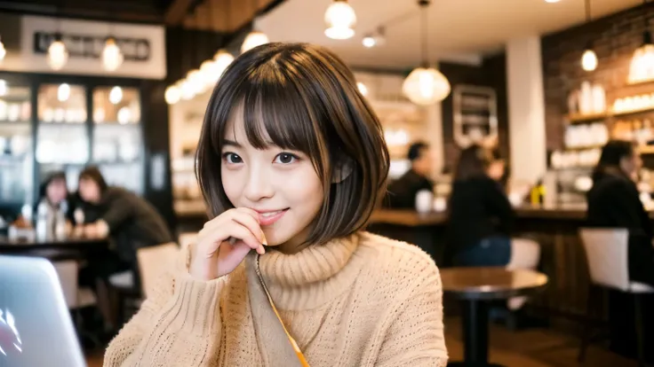 ((最high quality, 8k, masterpiece: 1.3)), perfect face,Inside a stylish cafe in New York、A scene in which a beautiful model-like woman is drinking a latte and studying on a laptop.,All around you, you can see other customers enjoying their time.。At the back...