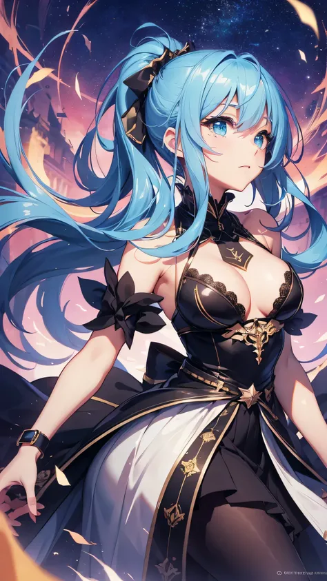 最high quality、best image quality、masterpiece、girl((20-year-old、 By becoming、vest bust、medium bust,wide open breast tea、shining eyes, light blue hair、long hair、thin,highest valley、ponytail、action of looking up、bandage、black dress、long skirt、Rear view、emphas...