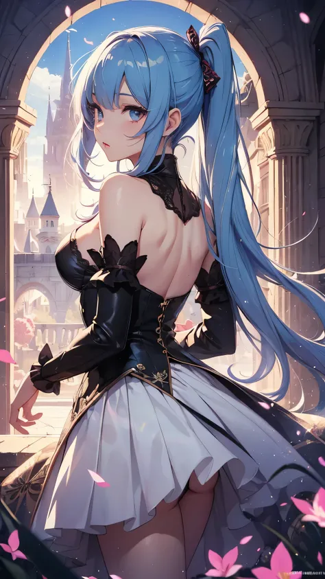 最high quality、best image quality、masterpiece、girl((20-year-old、 By becoming、vest bust、medium bust,wide open breast tea、shining eyes, light blue hair、long hair、thin,highest valley、ponytail、action of looking up、bandage、black dress、long skirt、Rear view、emphas...