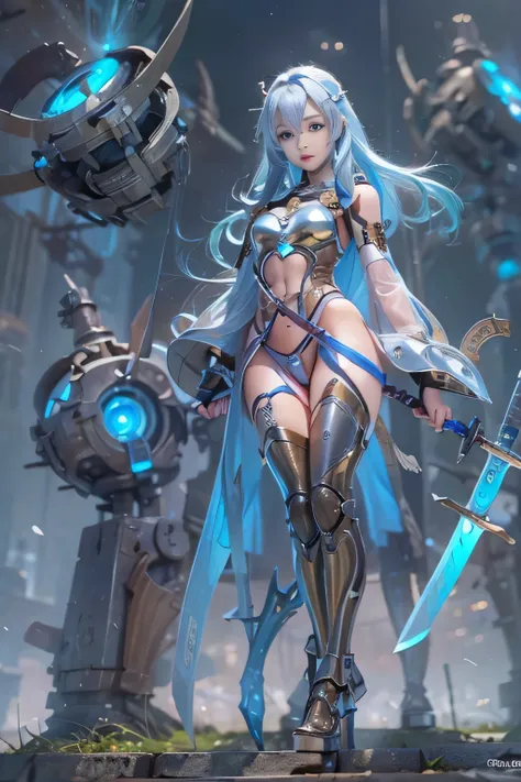 (RAW image quality:1.4), (NSFW), ((1 female:1.4)), one personで, 16 years old, 7 head and body, (cute face), (Beautiful shining blue eyes:1.4), (ideal body proportions), (An android with a mechanized left leg and left arm.:1.4), (platinum metal machinery), ...